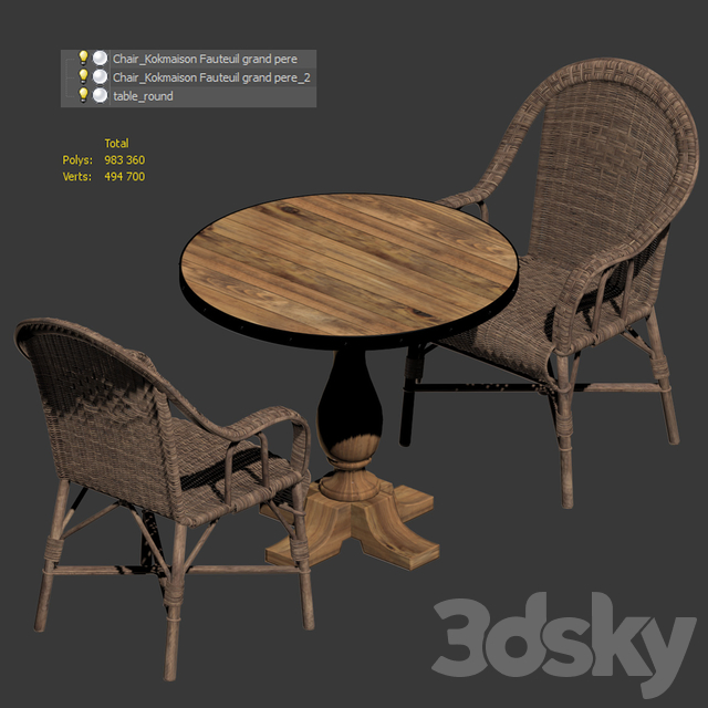 آبجکت سه بعدی میز چوبی و صندلی کنفی عکس 3