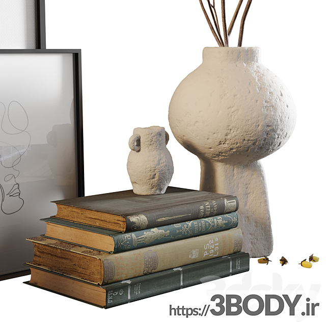 مدل سه بعدی ست دکوری با گلدان و کتاب عکس 3