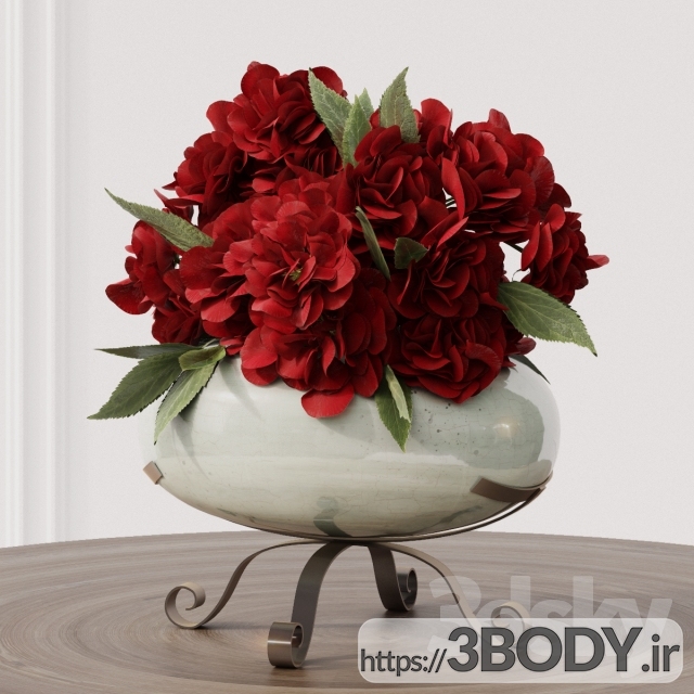 آبجکت سه بعدی گلدان ودسته گل قرمز  عکس 1