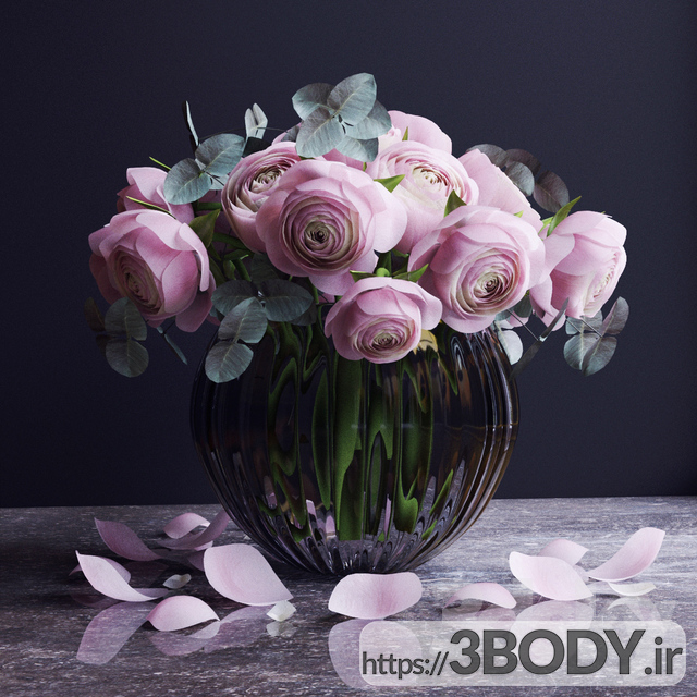 مدل  سه بعدی دسته گل رز در گلدان عکس 1