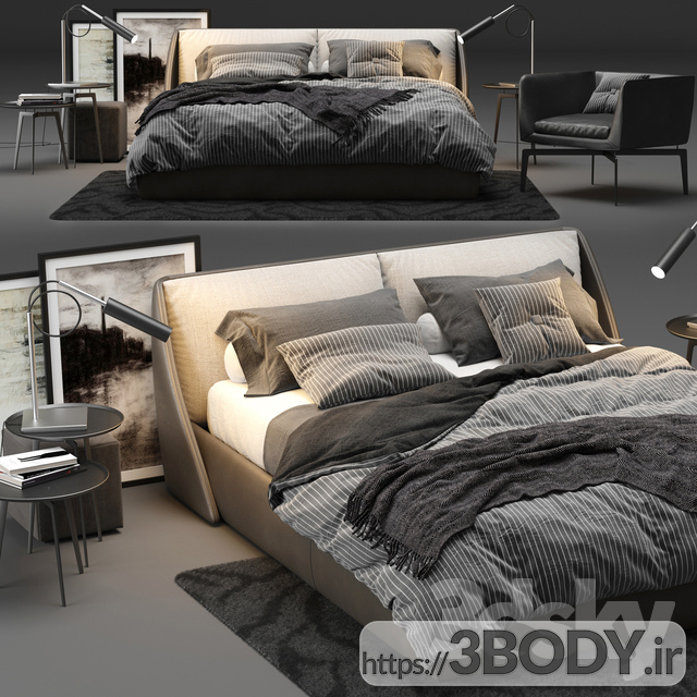 آبجکت سه بعدی تخت خواب خاکستری عکس 1