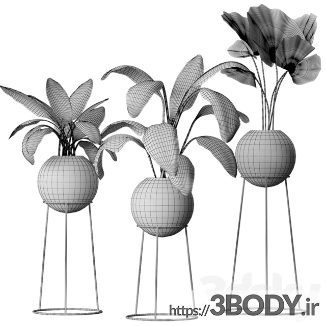 آبجکت سه بعدی گل و گلدان پایه فلزی عکس 3