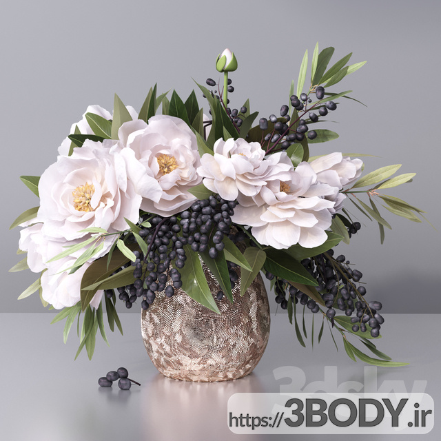 آبجکت سه بعدی گل و برگ انگور همراه گلدان عکس 1