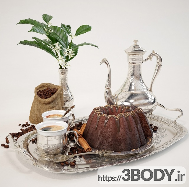 آبجکت سه بعدی قهوه با کیک شکلاتی عکس 2