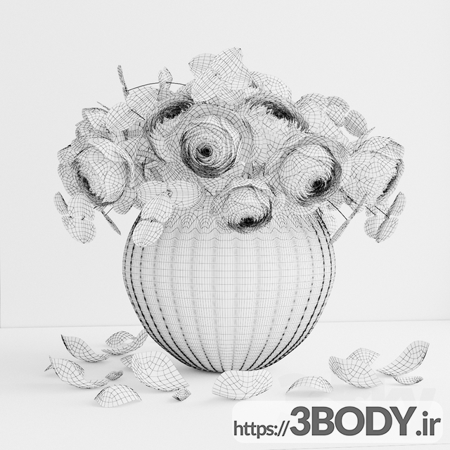 آبجکت سه بعدی  دسته گل صورتی در گلدان عکس 2