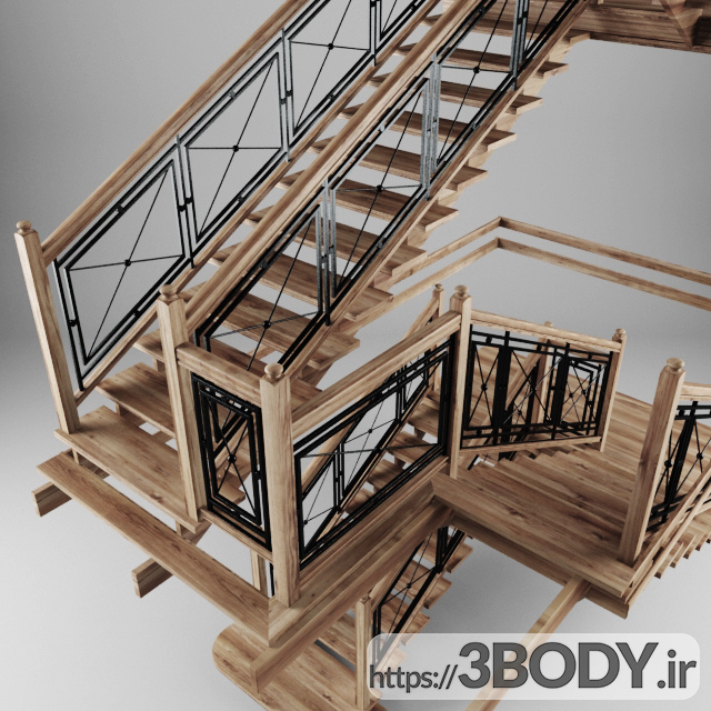 آبجکت سه بعدی راه پله چوبی  قهوه ای عکس 2