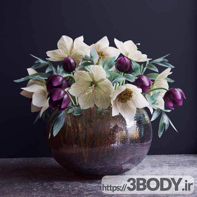 آبجکت سه بعدی دسته گل زینتی در گلدان عکس 1