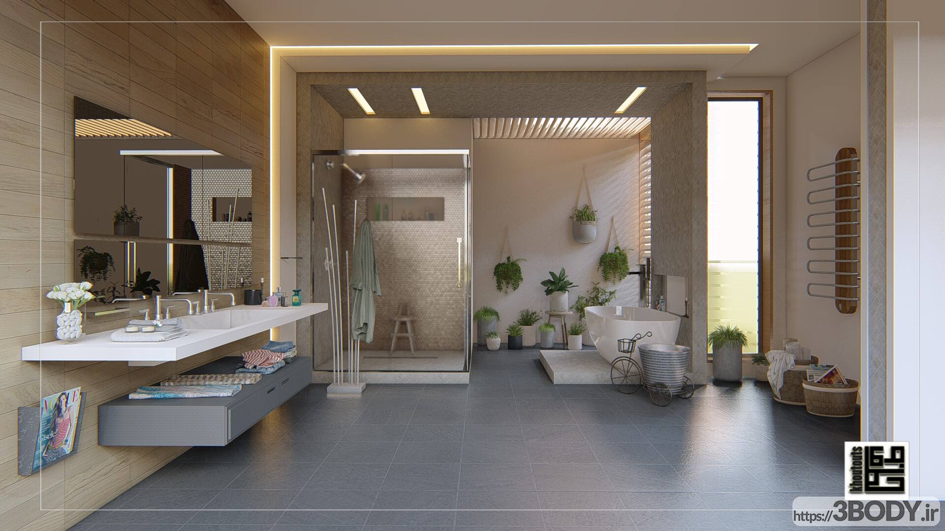 صحنه آماده داخلی حمام و دستشویی با طراحی فوقالعاده برای لومیون LUMION عکس 1
