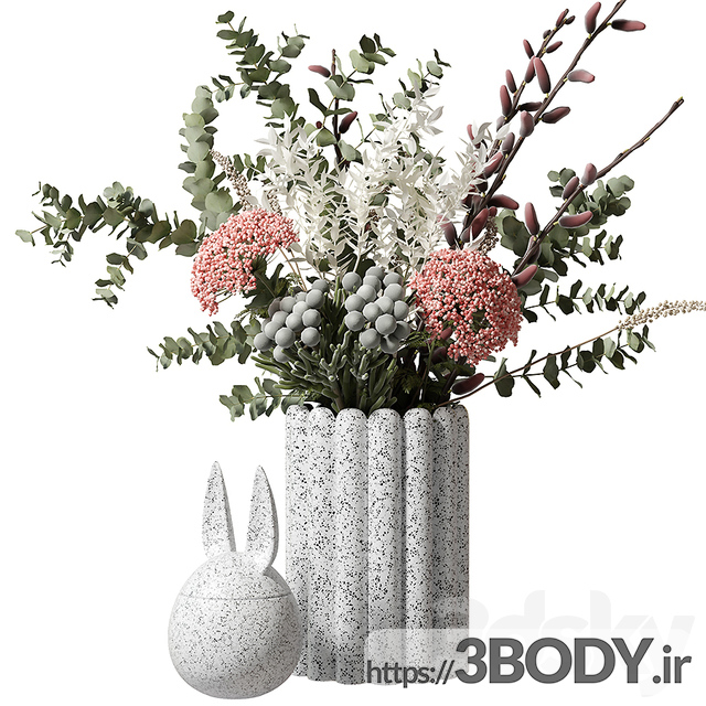 آبجکت سه بعدی دسته گل با اکالیپتوس و گلها در یک گلدان سفید عکس 1