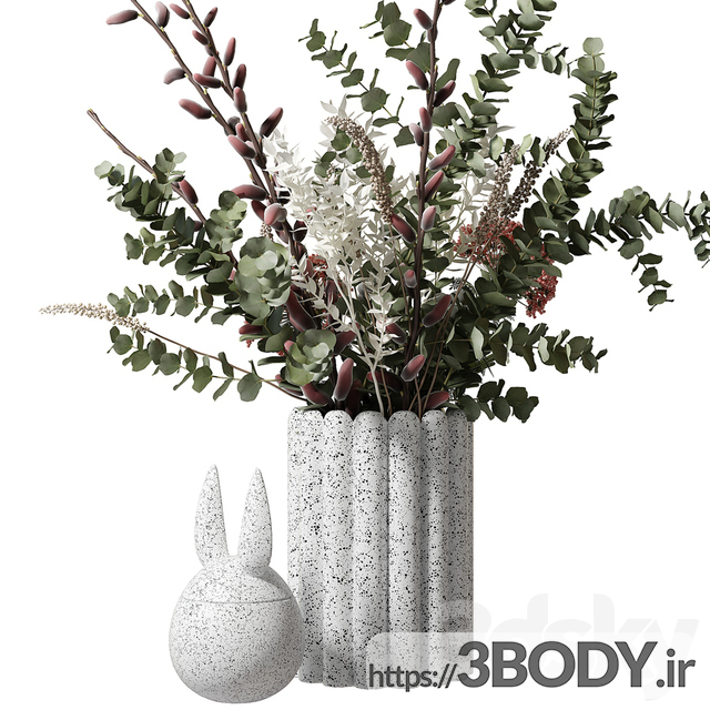 آبجکت سه بعدی دسته گل با اکالیپتوس و گلها در یک گلدان سفید عکس 2