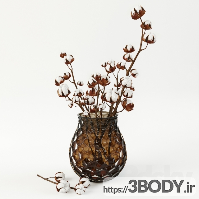 مدل سه بعدی دسته گل پنبه در گلدان عکس 2