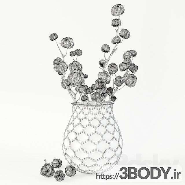 مدل سه بعدی دسته گل پنبه در گلدان عکس 3