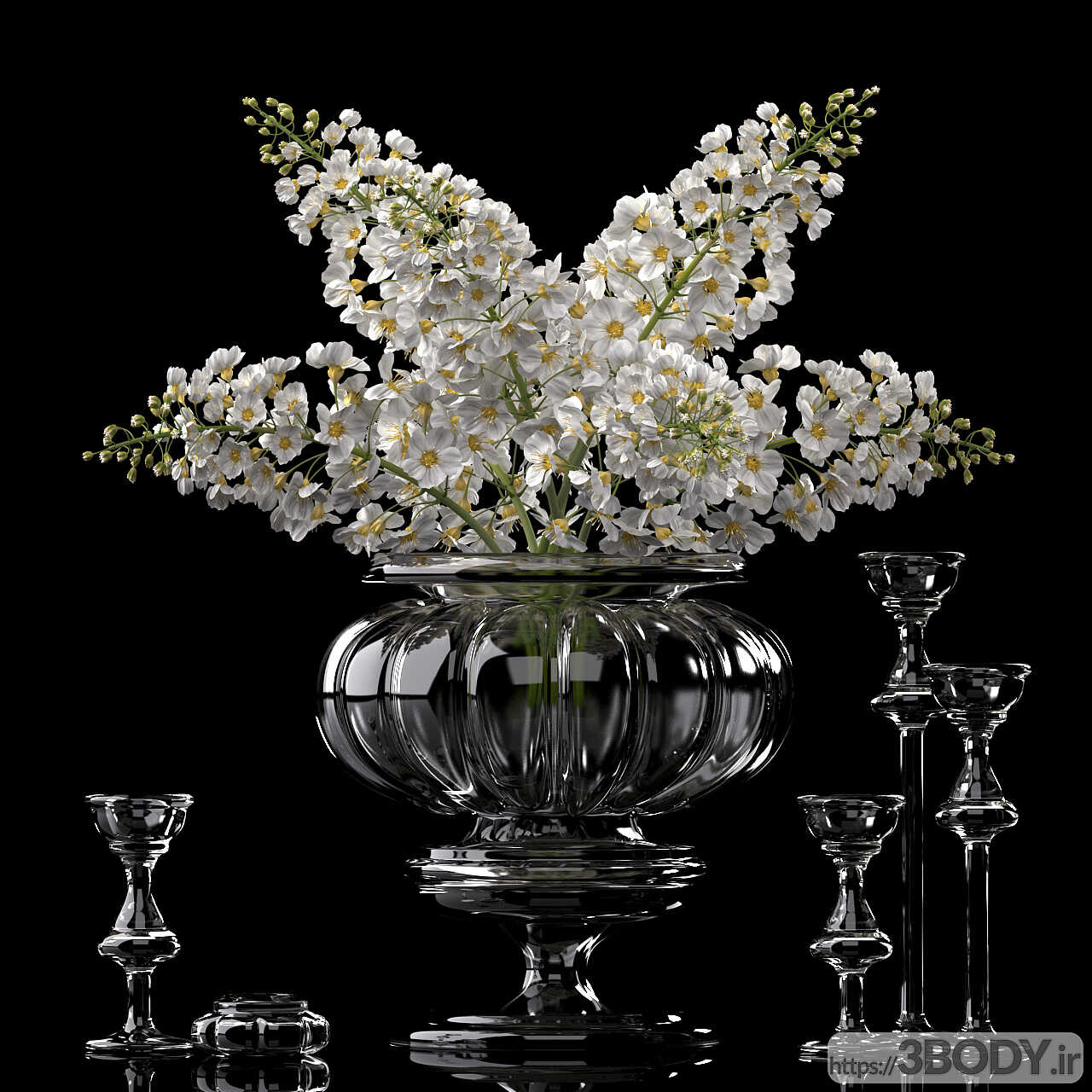 آبجکت سه بعدی دسته گل وگلدان تزئینی شیشه ای عکس 1