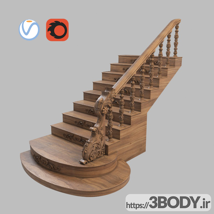 آبجکت سه بعدی راه پله و پله چوبی  قهوه ای عکس 2