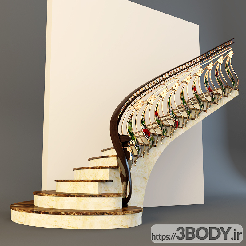 آبجکت سه بعدی راه پله و پله با هندریل طلایی عکس 1
