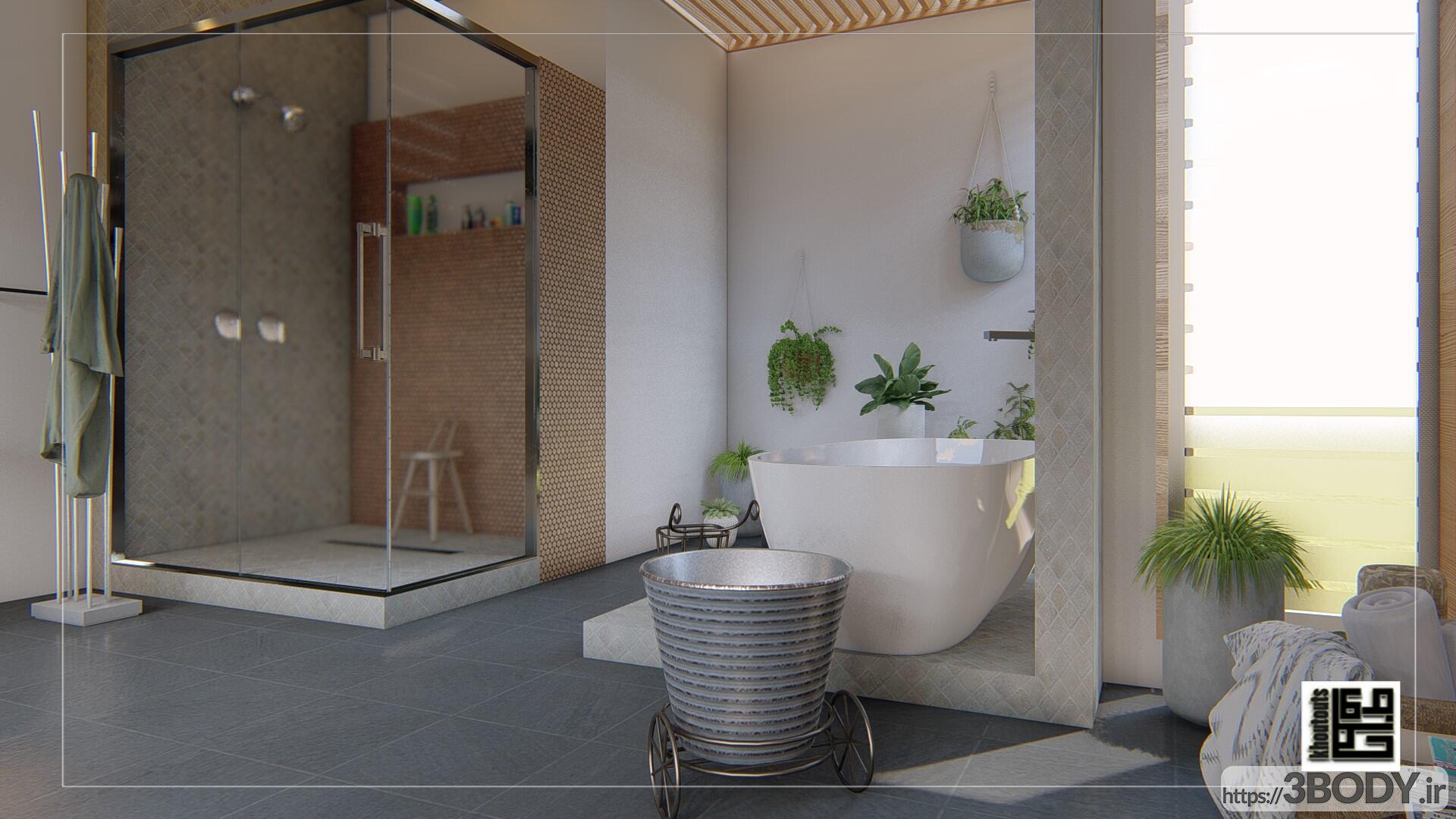 صحنه آماده داخلی حمام و دستشویی با طراحی فوقالعاده برای لومیون LUMION عکس 3