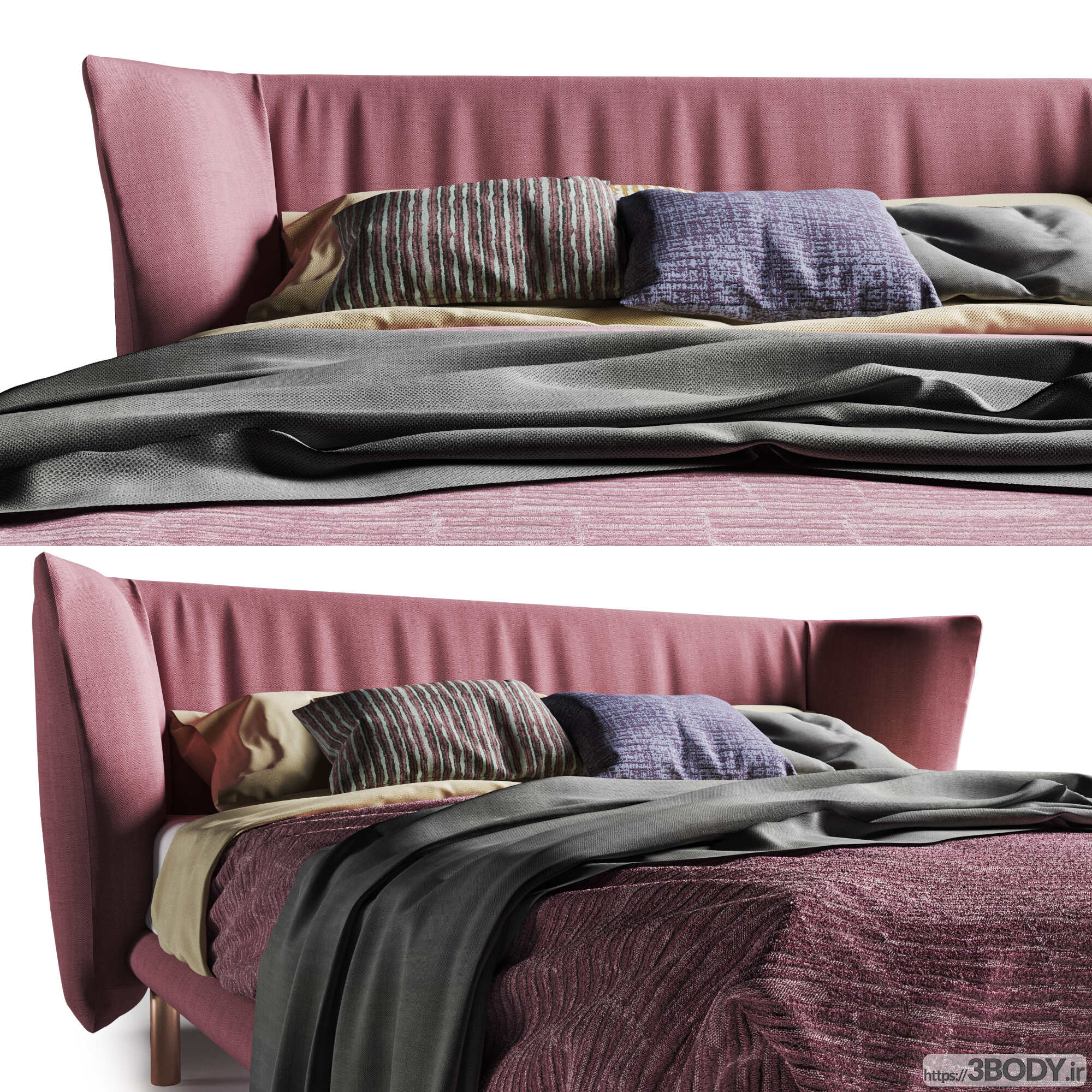 مدل سه بعدی تخت خواب دو نفره  صورتی عکس 3