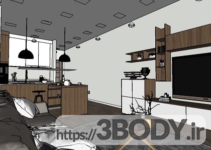 صحنه آماده داخلی واحد کامل آپارتمانی و مبلمان sketchup عکس 3