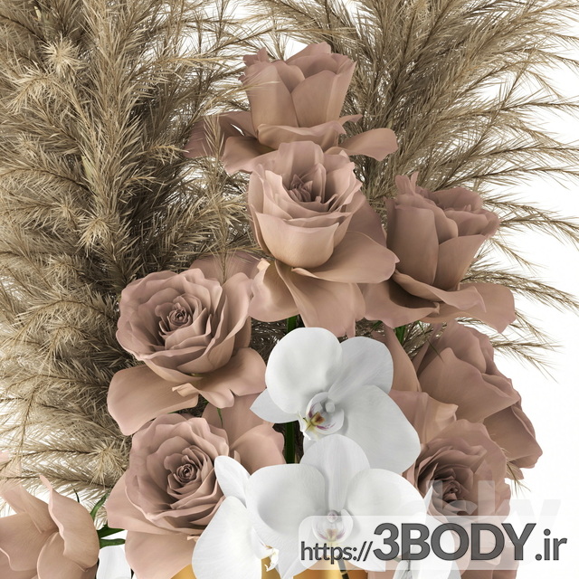 آبجکت سه بعدی گل های رز و گلدان برنجی عکس 2