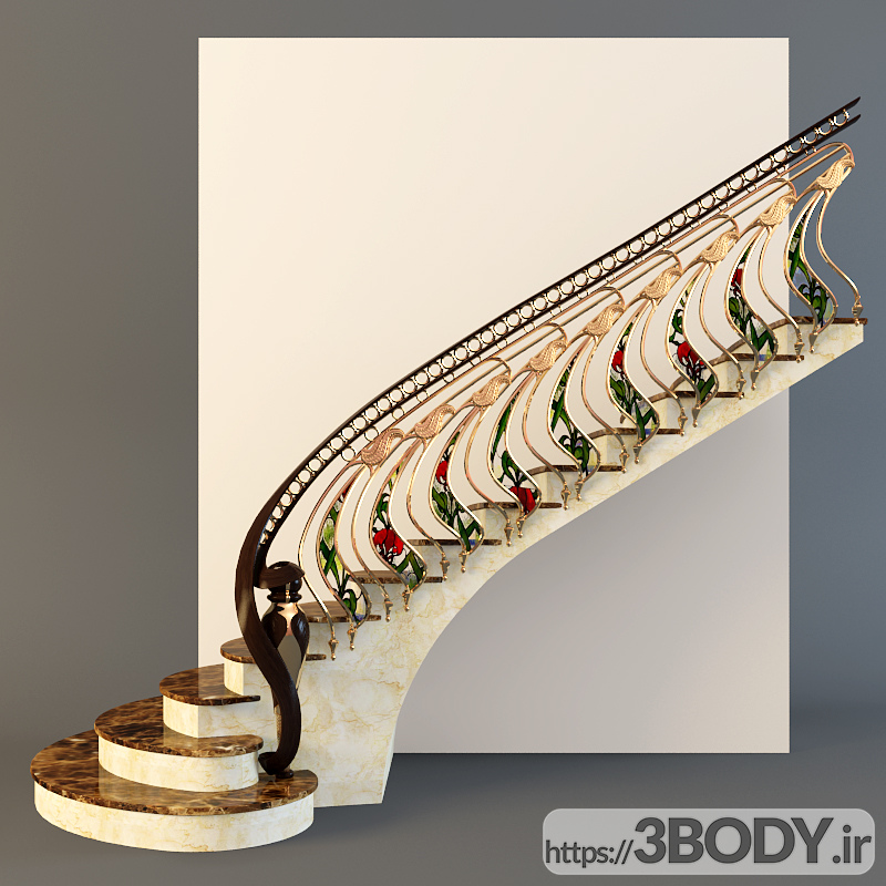 آبجکت سه بعدی راه پله و پله با هندریل طلایی عکس 2