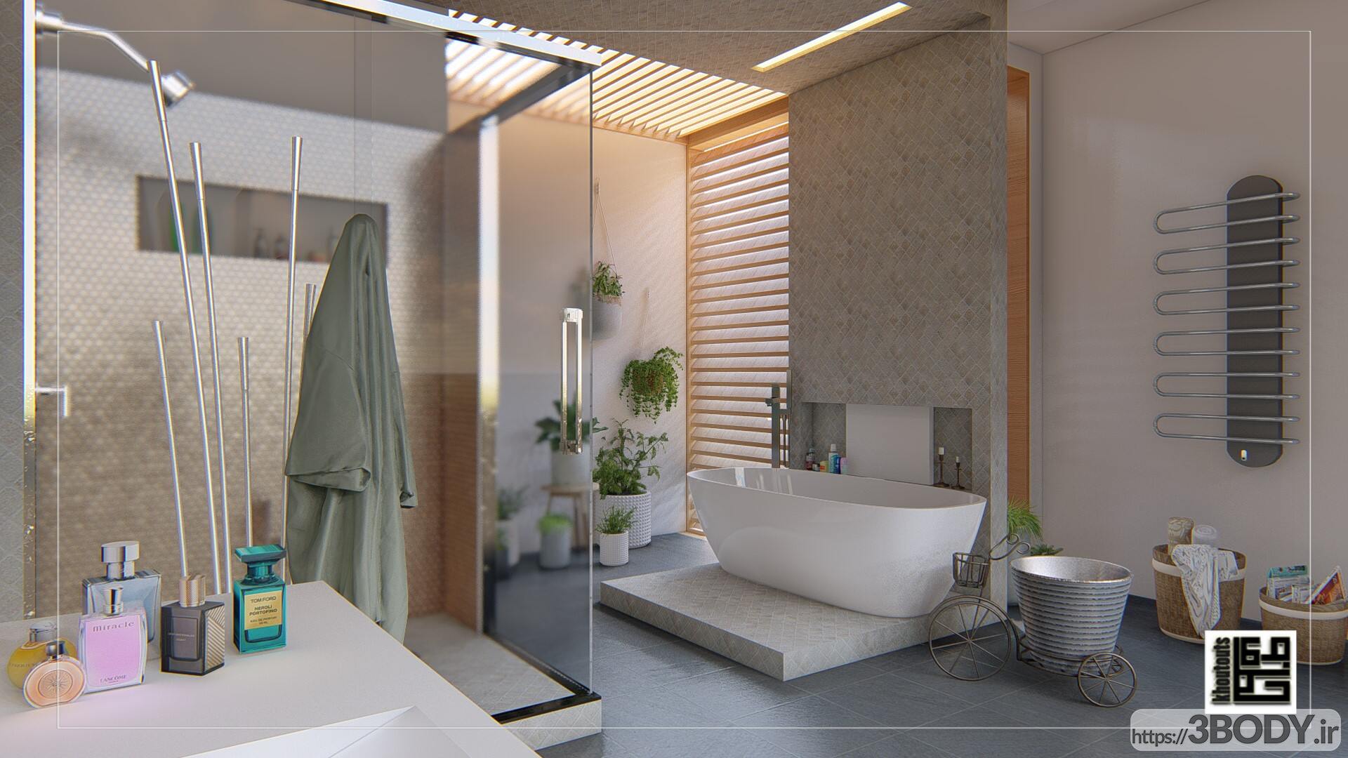 صحنه آماده داخلی حمام و دستشویی با طراحی فوقالعاده برای لومیون LUMION عکس 2