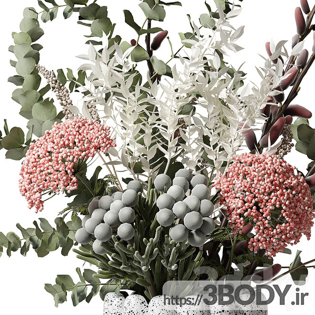 آبجکت سه بعدی دسته گل با اکالیپتوس و گلها در یک گلدان سفید عکس 3