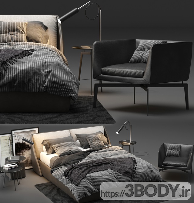 آبجکت سه بعدی تخت خواب خاکستری عکس 2